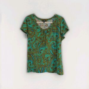 Daisy Fuentes Green Brown Paisley Short Sleeve Top Blouse Women's Size XL